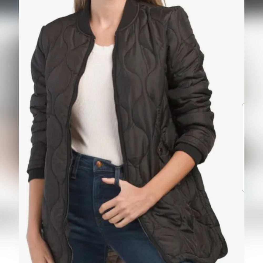 Avec Les Filles Heritage Quilted Longline Bomber Coat black  sz-L nwt